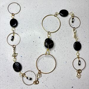 Black Tourmaline Black Onyx Gemstone Hanging Hamsa Evil Eye Gold Charms